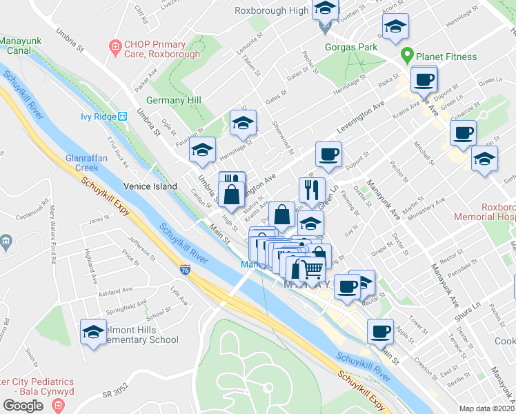 map of restaurants, bars, coffee shops, grocery stores, and more near 166 Krams Avenue in Philadelphia