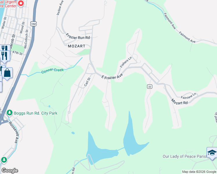 map of restaurants, bars, coffee shops, grocery stores, and more near 28 Schuberts Lane in Wheeling