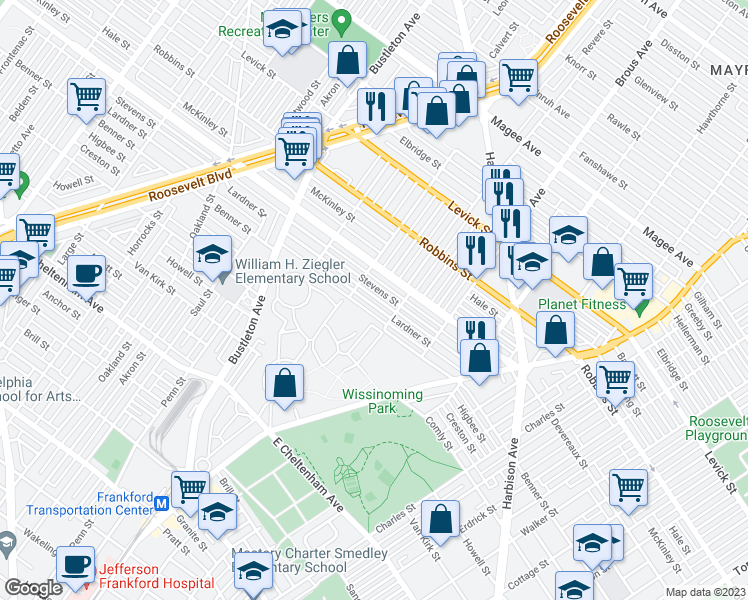 map of restaurants, bars, coffee shops, grocery stores, and more near 2727 Lardner Street in Philadelphia