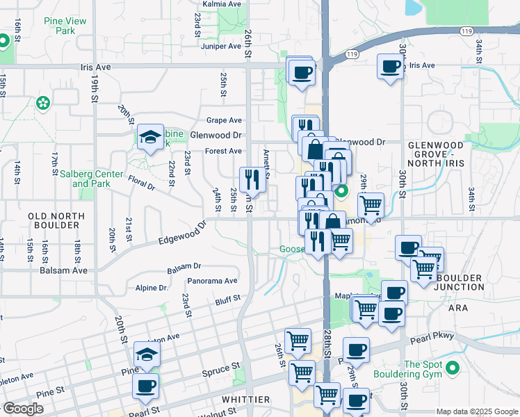 map of restaurants, bars, coffee shops, grocery stores, and more near in Boulder
