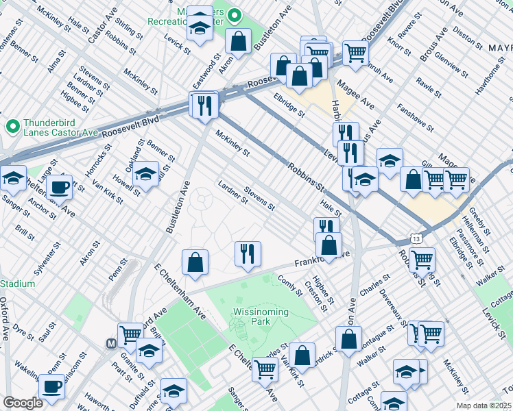 map of restaurants, bars, coffee shops, grocery stores, and more near 2727 Lardner Street in Philadelphia