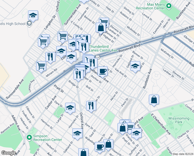 map of restaurants, bars, coffee shops, grocery stores, and more near 1143 Sanger Street in Philadelphia