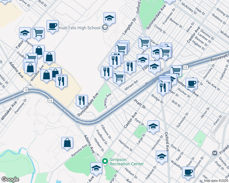 map of restaurants, bars, coffee shops, grocery stores, and more near 5104 Roosevelt Boulevard in Philadelphia