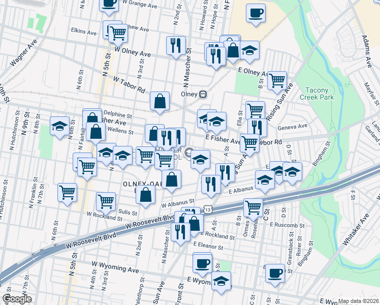 map of restaurants, bars, coffee shops, grocery stores, and more near 4 West Duncannon Avenue in Philadelphia