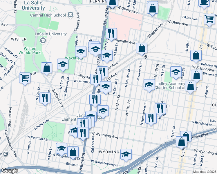 map of restaurants, bars, coffee shops, grocery stores, and more near 5014 North Camac Street in Philadelphia