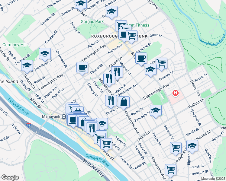 map of restaurants, bars, coffee shops, grocery stores, and more near 4372 Dexter Street in Philadelphia