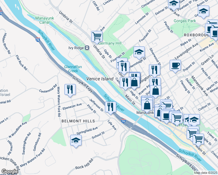 map of restaurants, bars, coffee shops, grocery stores, and more near in Philadelphia