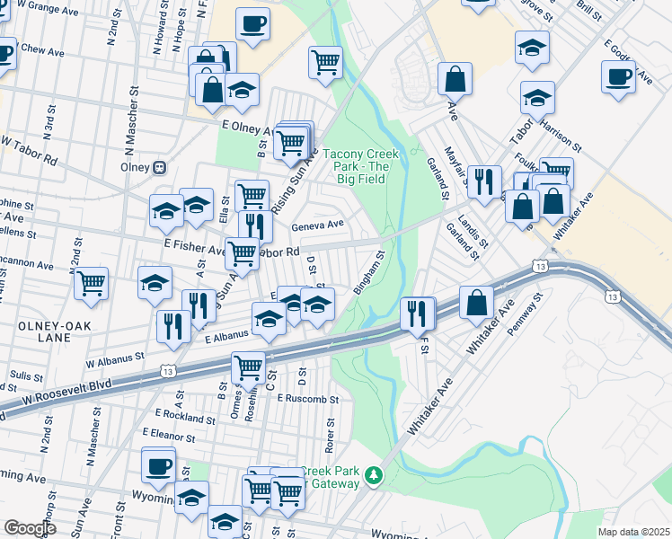 map of restaurants, bars, coffee shops, grocery stores, and more near 5217 Rorer Street in Philadelphia