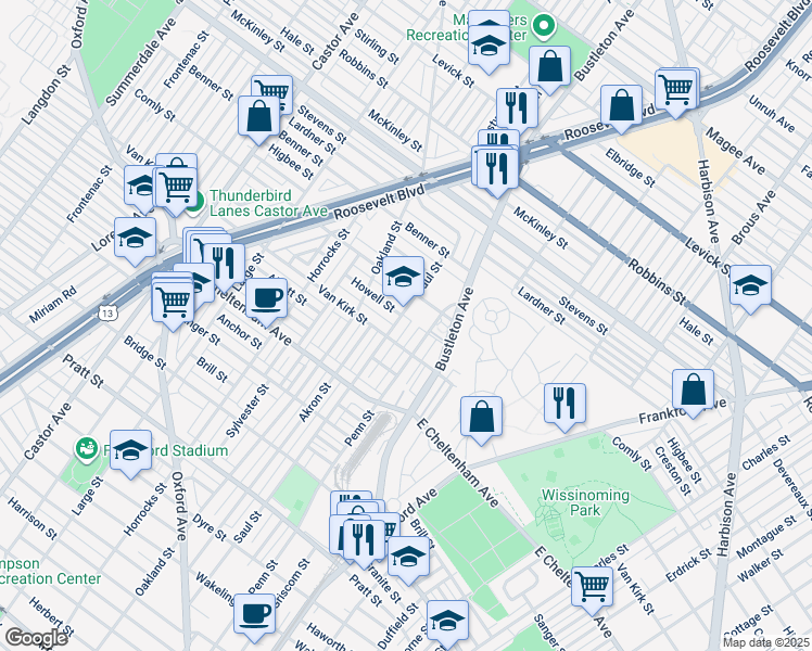 map of restaurants, bars, coffee shops, grocery stores, and more near 5919 Saul Street in Philadelphia