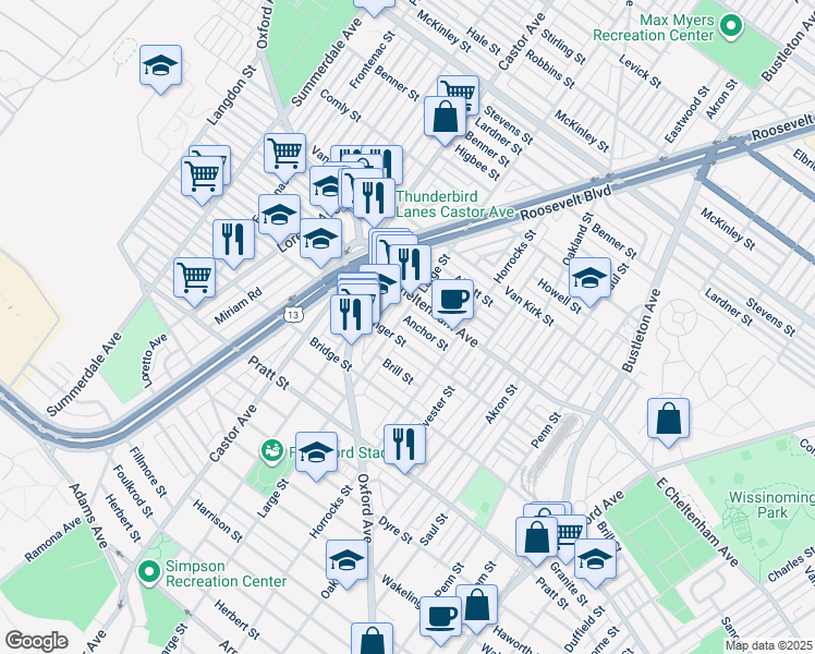 map of restaurants, bars, coffee shops, grocery stores, and more near 1108 Anchor Street in Philadelphia