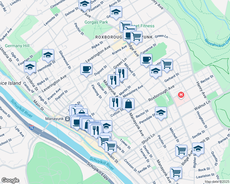 map of restaurants, bars, coffee shops, grocery stores, and more near 4383 Manayunk Avenue in Philadelphia
