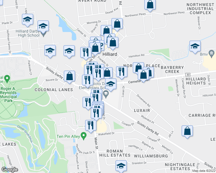 map of restaurants, bars, coffee shops, grocery stores, and more near 5323 Cemetery Road in Hilliard