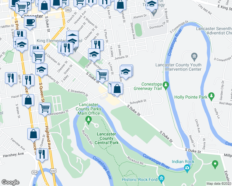 map of restaurants, bars, coffee shops, grocery stores, and more near 917 South Duke Street in Lancaster