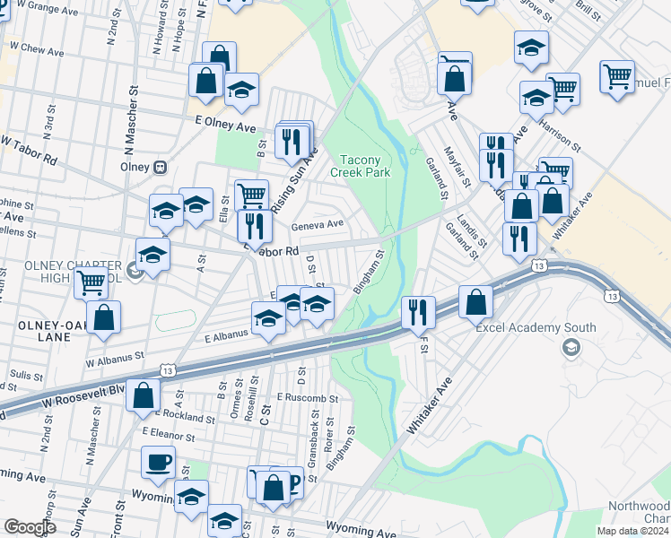 map of restaurants, bars, coffee shops, grocery stores, and more near 5217 Rorer Street in Philadelphia