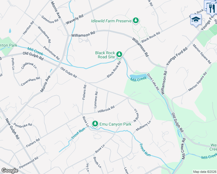 map of restaurants, bars, coffee shops, grocery stores, and more near 515 Glenview Road in Bryn Mawr
