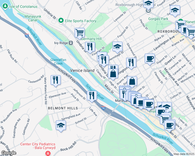 map of restaurants, bars, coffee shops, grocery stores, and more near 59R Leverington Avenue in Philadelphia