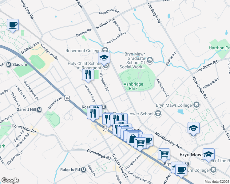map of restaurants, bars, coffee shops, grocery stores, and more near 107 Ringwood Road in Bryn Mawr
