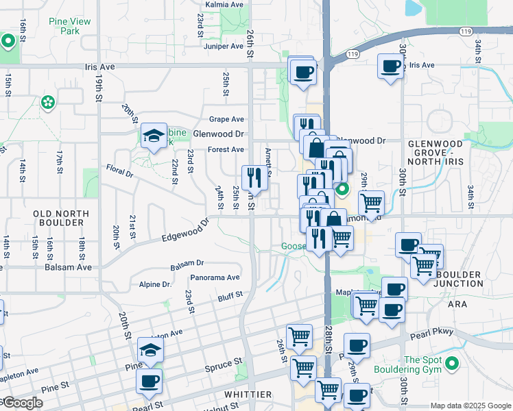 map of restaurants, bars, coffee shops, grocery stores, and more near in Boulder