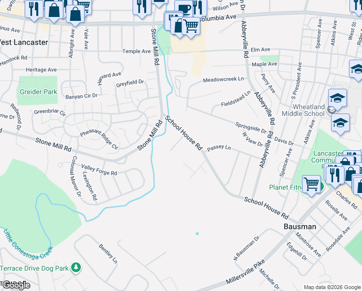 map of restaurants, bars, coffee shops, grocery stores, and more near 220 School House Road in Lancaster