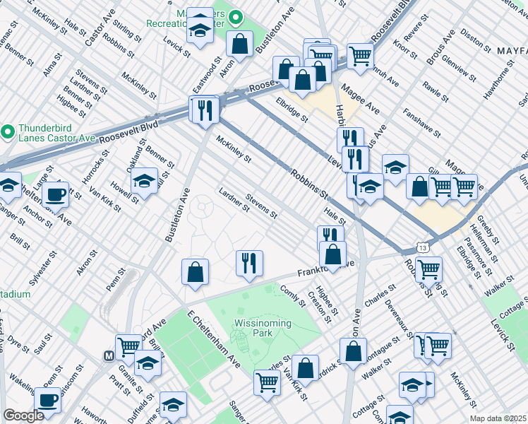 map of restaurants, bars, coffee shops, grocery stores, and more near 2732 Stevens Street in Philadelphia