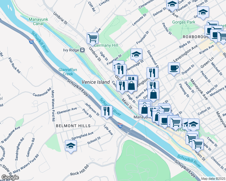 map of restaurants, bars, coffee shops, grocery stores, and more near 2 Leverington Avenue in Philadelphia