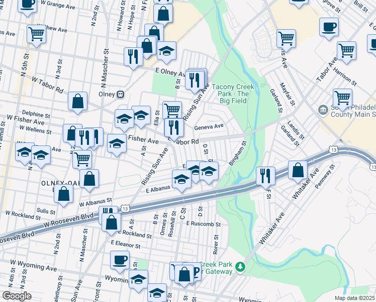 map of restaurants, bars, coffee shops, grocery stores, and more near 5235 Arbor Street in Philadelphia