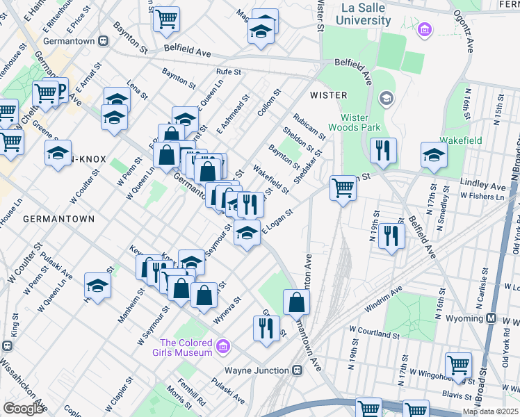 map of restaurants, bars, coffee shops, grocery stores, and more near 36 East Clapier Street in Philadelphia
