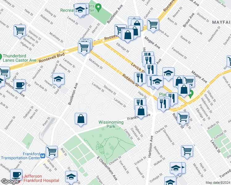 map of restaurants, bars, coffee shops, grocery stores, and more near 2751 Stevens Street in Philadelphia