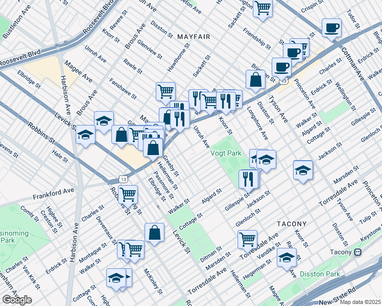 map of restaurants, bars, coffee shops, grocery stores, and more near 6615 Charles Street in Philadelphia