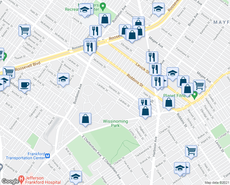 map of restaurants, bars, coffee shops, grocery stores, and more near 2732 Stevens Street in Philadelphia