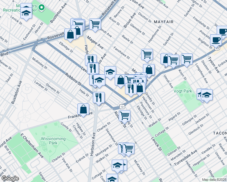 map of restaurants, bars, coffee shops, grocery stores, and more near Levick St & Hawthorne St in Philadelphia