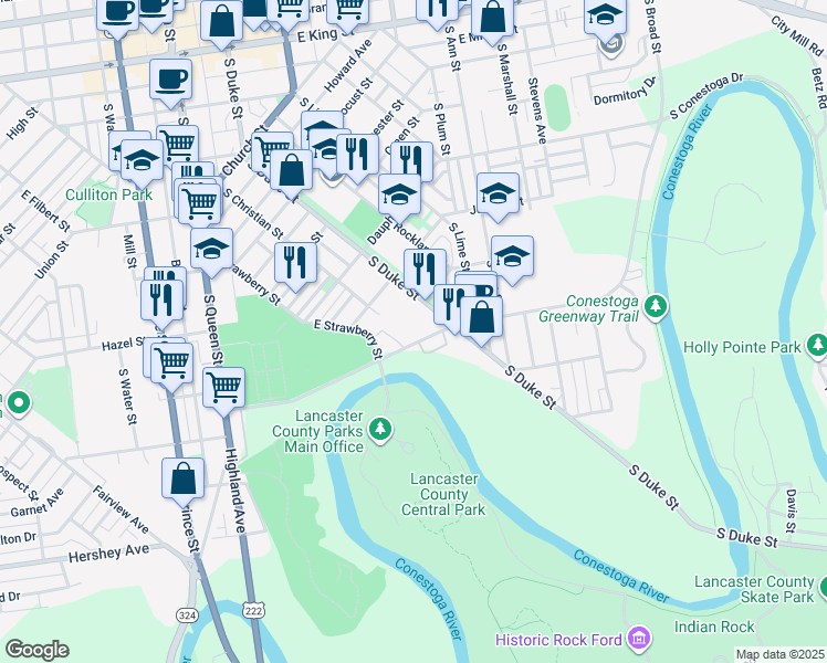 map of restaurants, bars, coffee shops, grocery stores, and more near 802 S Duke St in Lancaster
