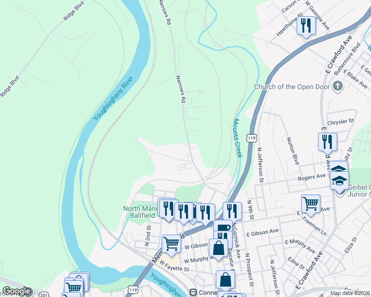 map of restaurants, bars, coffee shops, grocery stores, and more near 176 Narrows Road in Connellsville