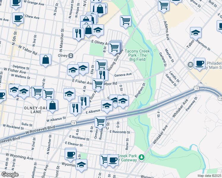 map of restaurants, bars, coffee shops, grocery stores, and more near 5235 Arbor Street in Philadelphia