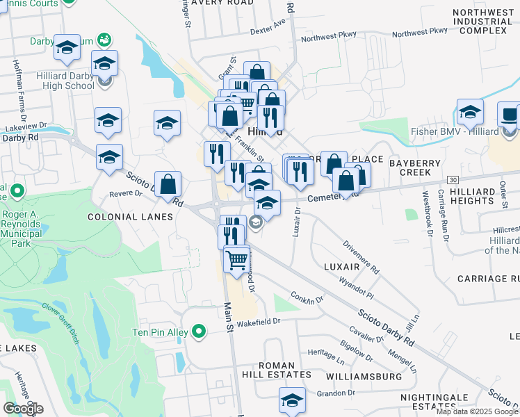 map of restaurants, bars, coffee shops, grocery stores, and more near 5323 Cemetery Road in Hilliard