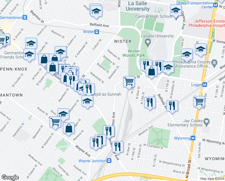 map of restaurants, bars, coffee shops, grocery stores, and more near 90 East Logan Street in Philadelphia