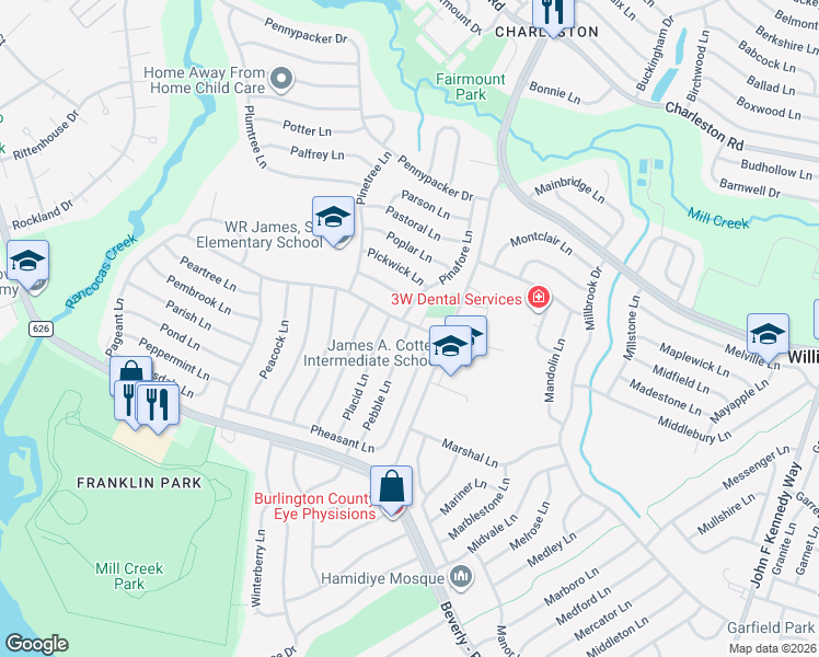 map of restaurants, bars, coffee shops, grocery stores, and more near 91 Pebble Lane in Willingboro