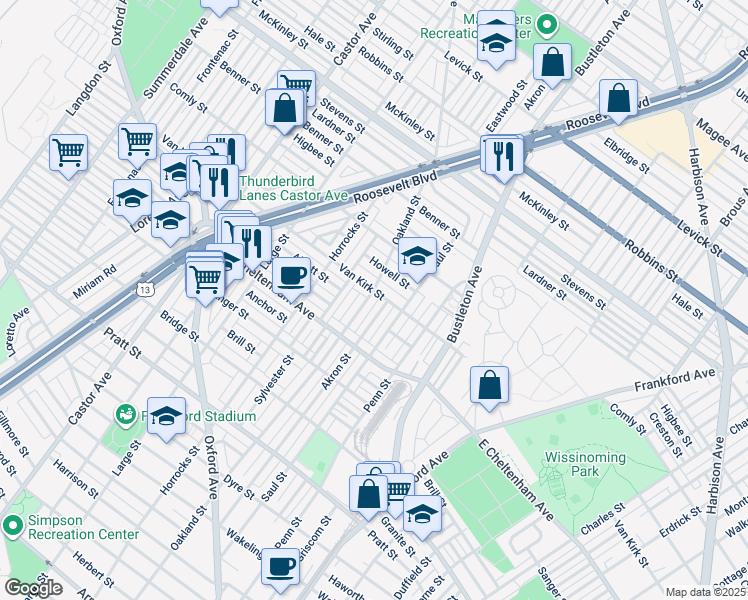 map of restaurants, bars, coffee shops, grocery stores, and more near 5863 Oakland Street in Philadelphia