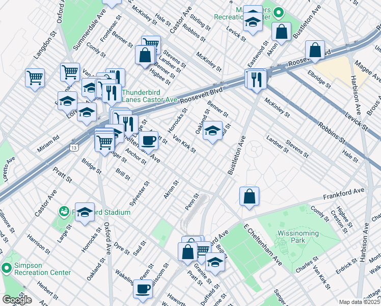 map of restaurants, bars, coffee shops, grocery stores, and more near 5863 Oakland Street in Philadelphia