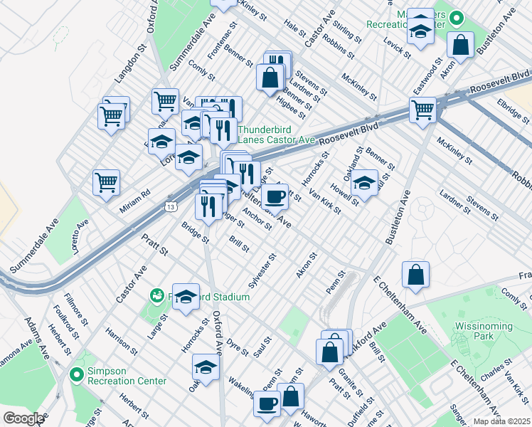 map of restaurants, bars, coffee shops, grocery stores, and more near 1442 East Cheltenham Avenue in Philadelphia