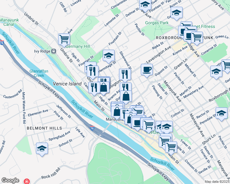 map of restaurants, bars, coffee shops, grocery stores, and more near 166 Krams Avenue in Philadelphia