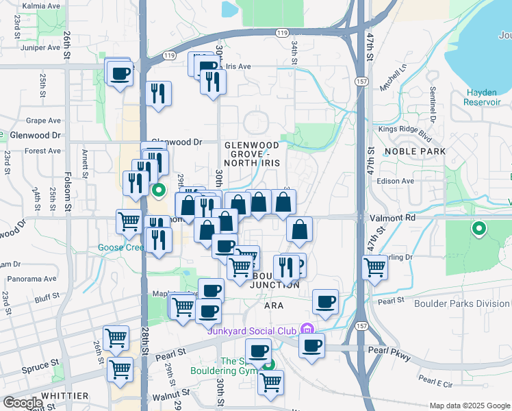 map of restaurants, bars, coffee shops, grocery stores, and more near 3003 Valmont Road in Boulder