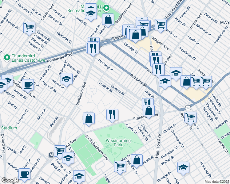 map of restaurants, bars, coffee shops, grocery stores, and more near 2721 Lardner St in Philadelphia