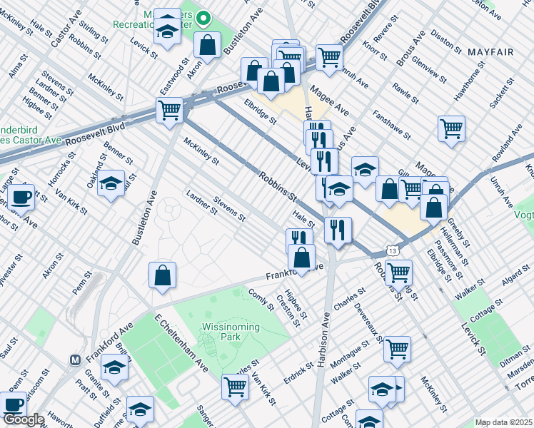 map of restaurants, bars, coffee shops, grocery stores, and more near 6203 Cardiff Street in Philadelphia