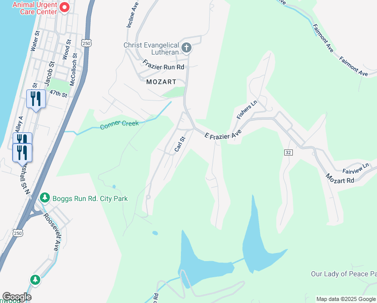 map of restaurants, bars, coffee shops, grocery stores, and more near 7 Ruth Avenue in Wheeling