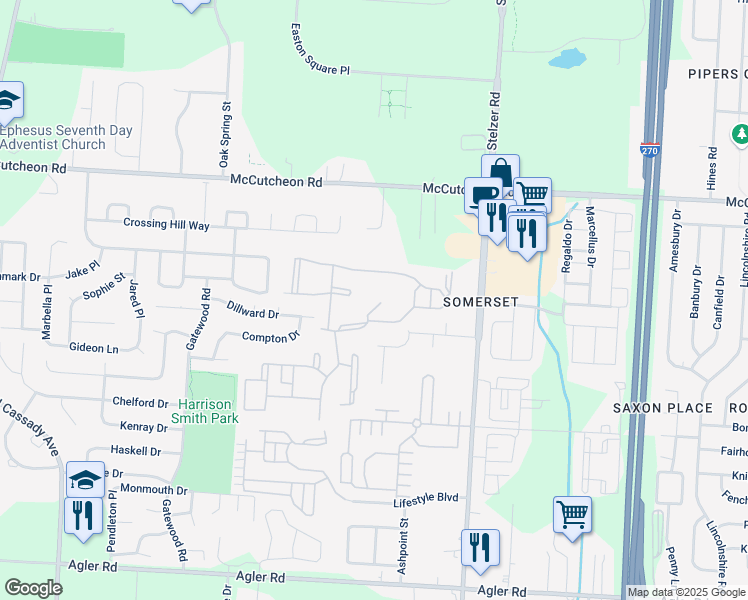 map of restaurants, bars, coffee shops, grocery stores, and more near 3677 Emery Club Way in Columbus