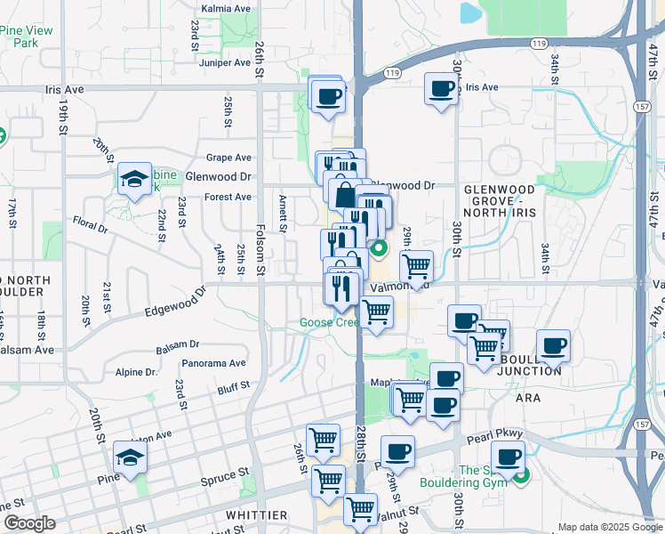 map of restaurants, bars, coffee shops, grocery stores, and more near 3101 28th Street in Boulder