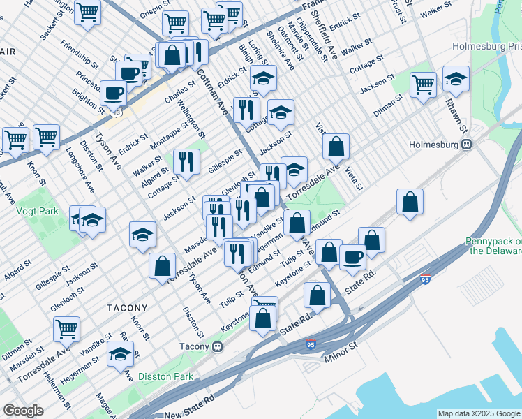 map of restaurants, bars, coffee shops, grocery stores, and more near 7251 Marsden Street in Philadelphia