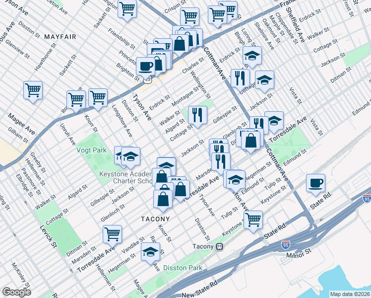 map of restaurants, bars, coffee shops, grocery stores, and more near 7032 Gillespie Street in Philadelphia