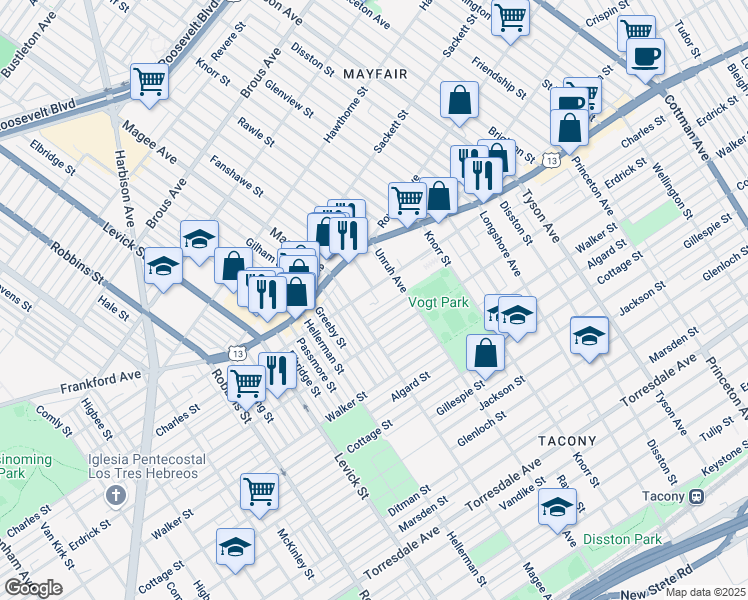 map of restaurants, bars, coffee shops, grocery stores, and more near 4100 Unruh Avenue in Philadelphia